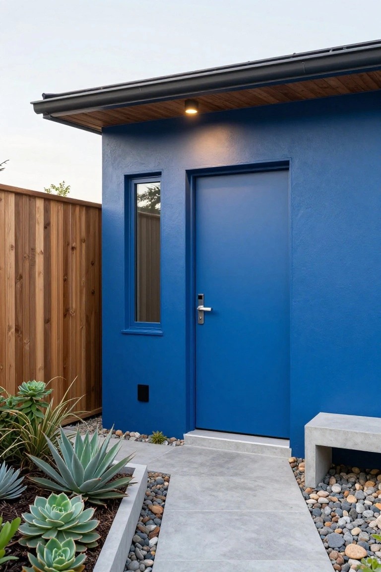 Small blue shed with blue front door and narrow window next to wooden fence, concrete pathway edged with succulents, gravel, and a concrete bench.