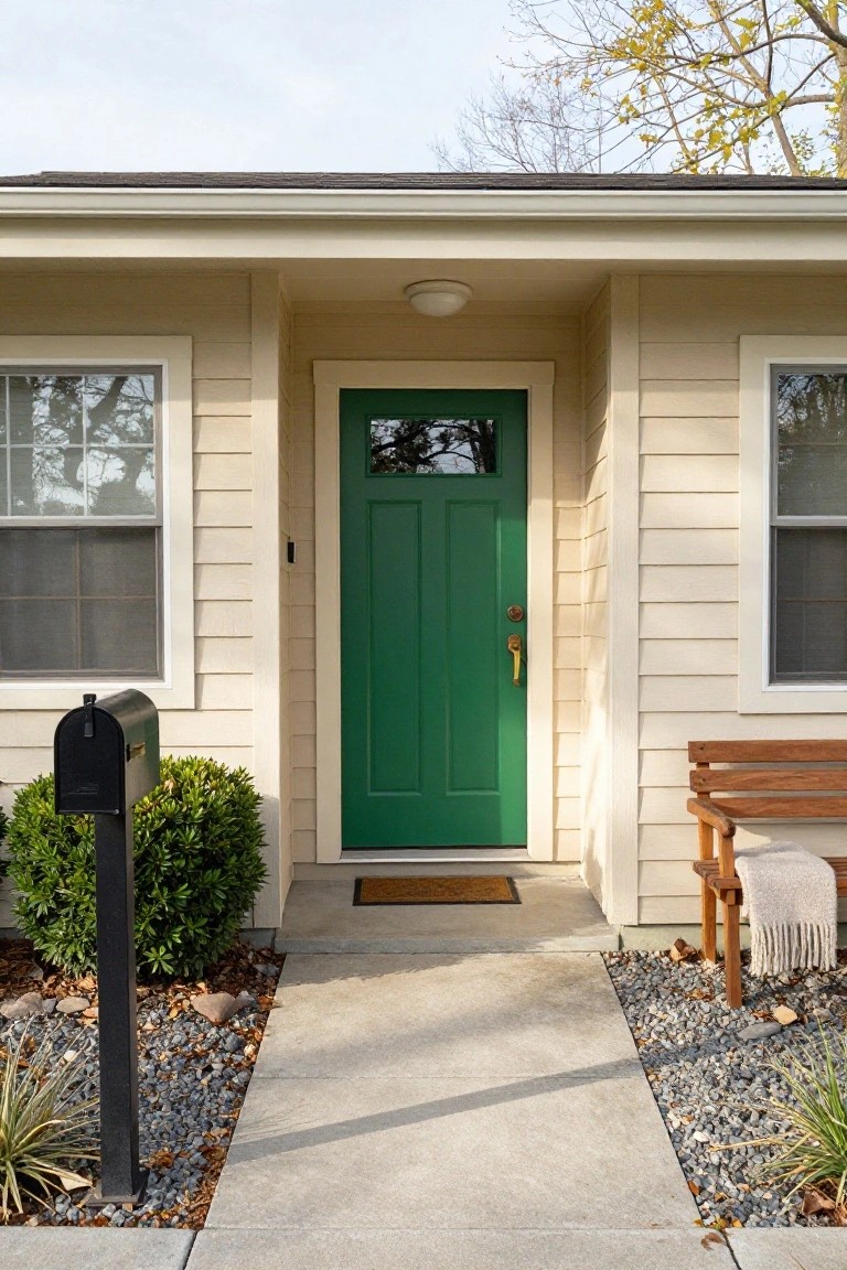 Deep Green Door on Tan House