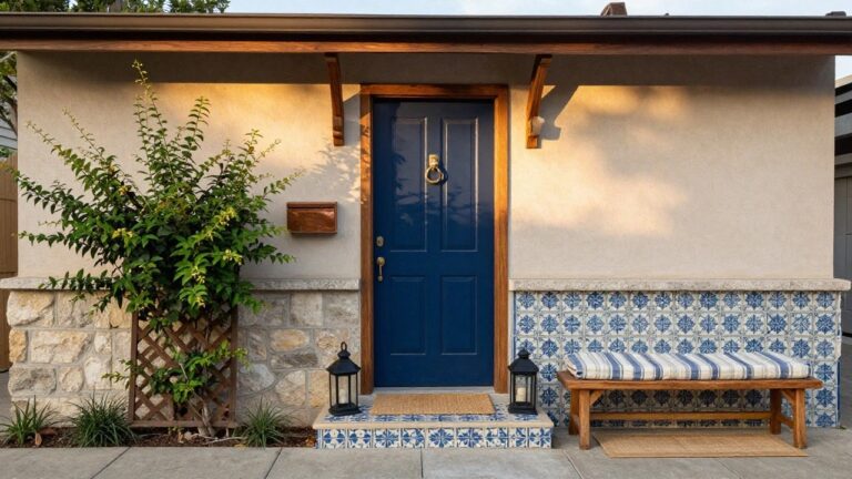 17 Front Door Colors With Tan House Ideas Tan stucco house exterior featuring a glossy navy blue wood front door with brass knocker and handle, framed by wooden trim, blue tiled entry steps, seagrass doormat, wooden bench with cushions, lantern, mailbox, and white flowering vines on lattice.