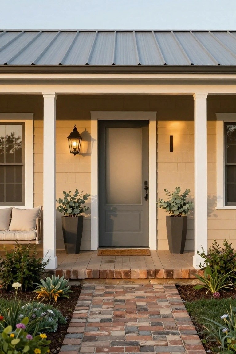 Tan clapboard house exterior with metal roof, white porch columns, dark gray paneled front door, lanterns, potted eucalyptus plants, swing on porch, and brick pathway edged by low plants.