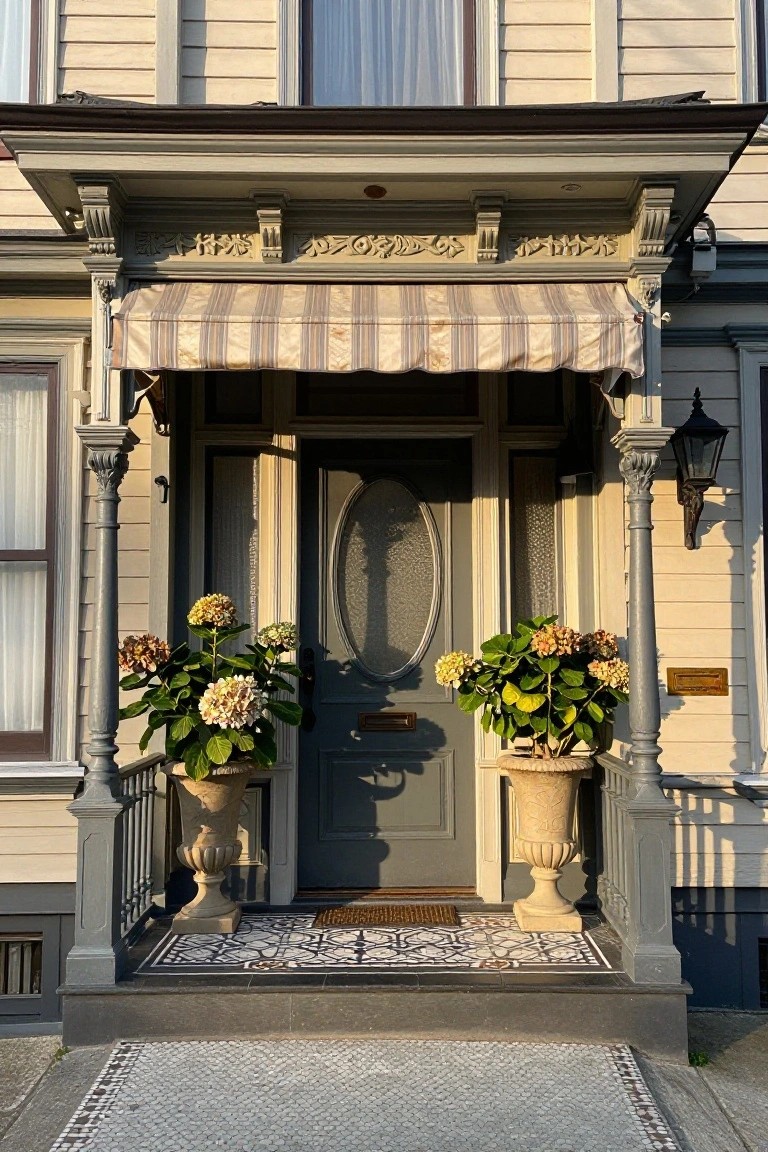 Tan house exterior with gray front door centered under a green awning on porch supported by columns, flanked by urns of hydrangeas, mosaic tile entry step, and lantern light.