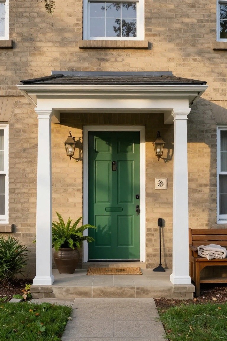 Tan brick house exterior featuring a green front door under a covered porch with white columns, hanging lanterns, potted fern, welcome mat, black door knocker, and wooden bench with blanket on the side.