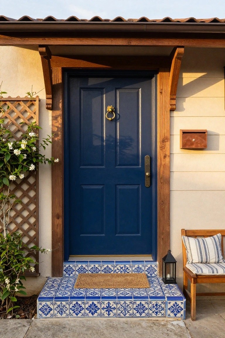Tan stucco house exterior featuring a glossy navy blue wood front door with brass knocker and handle, framed by wooden trim, blue tiled entry steps, seagrass doormat, wooden bench with cushions, lantern, mailbox, and white flowering vines on lattice.