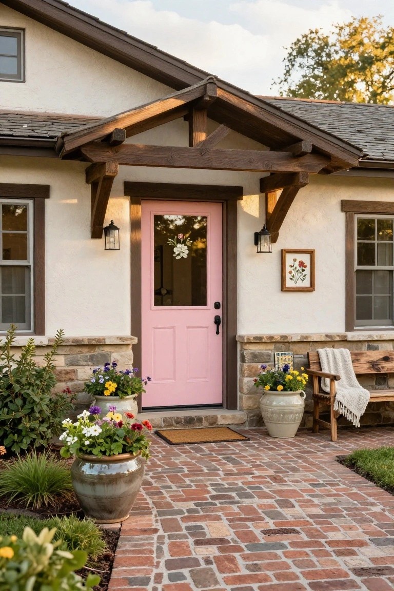 Tan stucco house exterior featuring a pink glass-paneled front door under a wooden porch overhang, with wall lanterns, potted plants, a wooden bench, and a brick pathway.