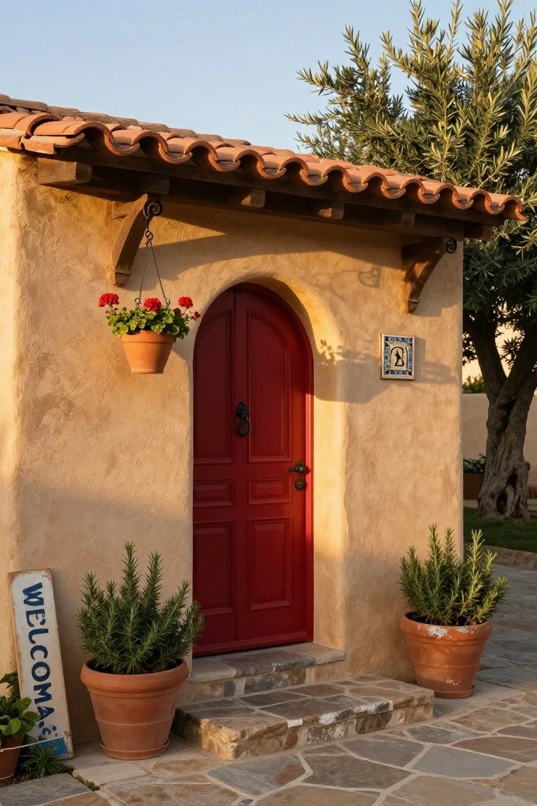 Tan stucco house exterior featuring an arched red double front door, hanging geranium planter, blue and white tile accent, potted rosemary plants, welcome sign, stone steps, and olive tree in the background.