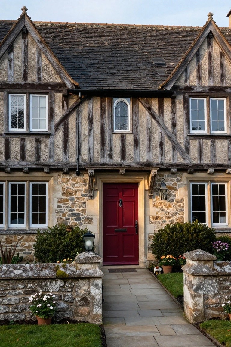 Two-story house with dark timber framing, beige stone lower walls, white multipane windows, arched red front door with black hardware, stone entry walls, lanterns, shrubs, and flower pots along a slate path.