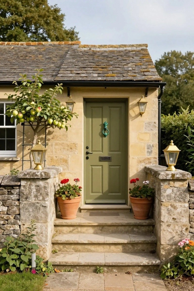Tan stone cottage exterior with sage green front door, gold lanterns on pillars, terracotta pots of red geraniums, and stone steps leading up to the entry.