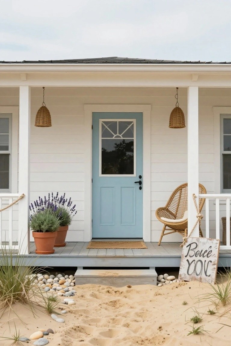 White clapboard beach house exterior with light blue front door, white-framed windows, hanging rattan lanterns, potted lavender plants on porch, rattan chair, welcome sign, and sandy path with pebbles and dune grass.
