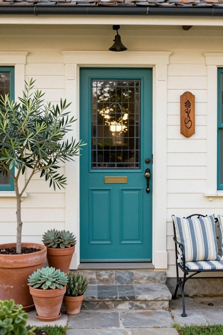 Teal front door with divided light glass panels on a light beige clapboard house exterior, surrounded by potted olive tree, succulents in terracotta pots, wooden sign, and metal chair on slate steps.