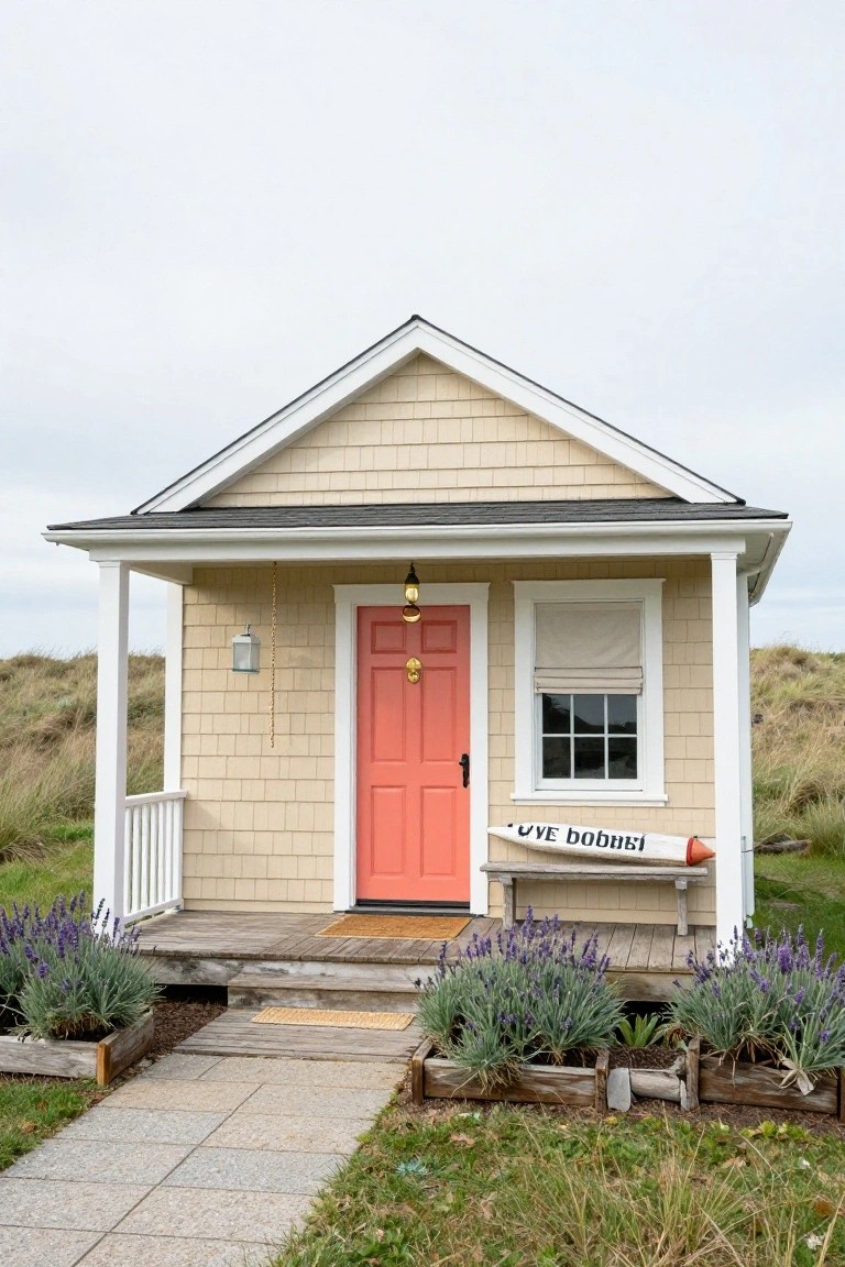 Small tan shingle house with coral front door, white trim, covered porch, hanging lantern, driftwood sign, lavender in wooden planters, and stone path on grassy yard with dunes in background.