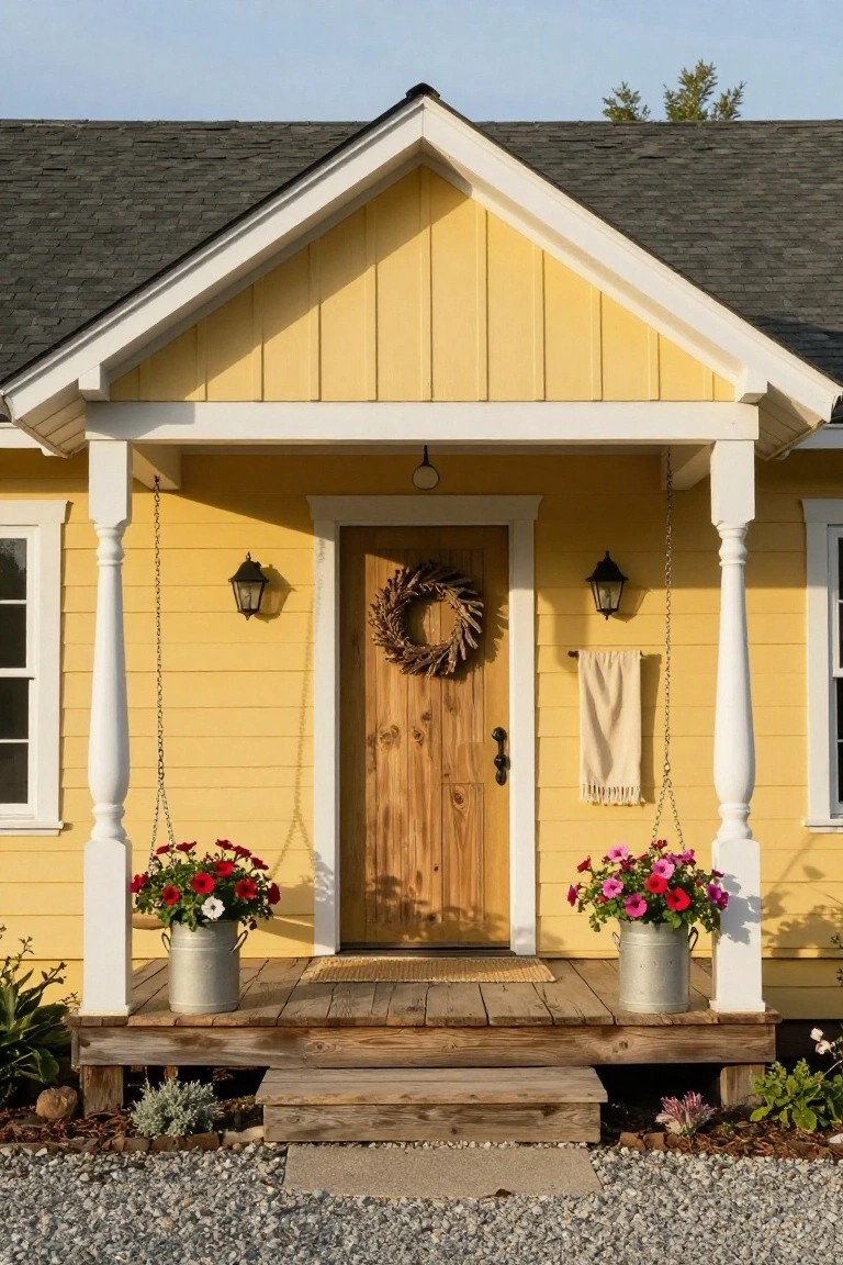 Pale yellow clapboard house with white trim and porch columns, wooden front door with knocker and wreath, hanging lanterns, beige towel, and red flower arrangements in galvanized buckets on wooden porch steps amid gravel yard and plants.