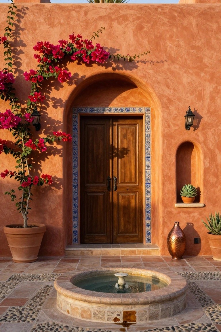 Tan stucco arched entryway with dark wood double doors framed by blue tiles, flanked by bougainvillea vines and lanterns, potted plants, and a circular stone fountain on a tiled patio.