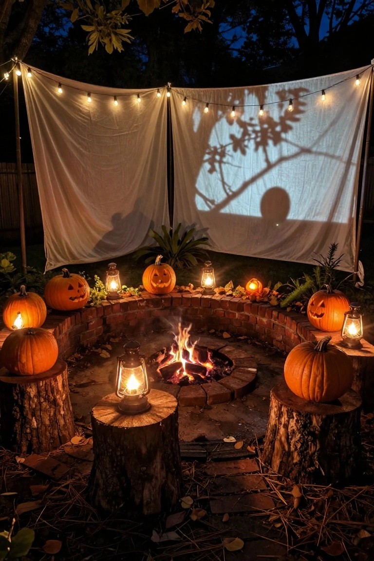 Front porch of a light gray house with beige door and black wreath of eucalyptus, featuring wooden crates stacked with orange pumpkins including a carved jack-o-lantern, additional pumpkins on steps, and two orange doormats in late afternoon light.