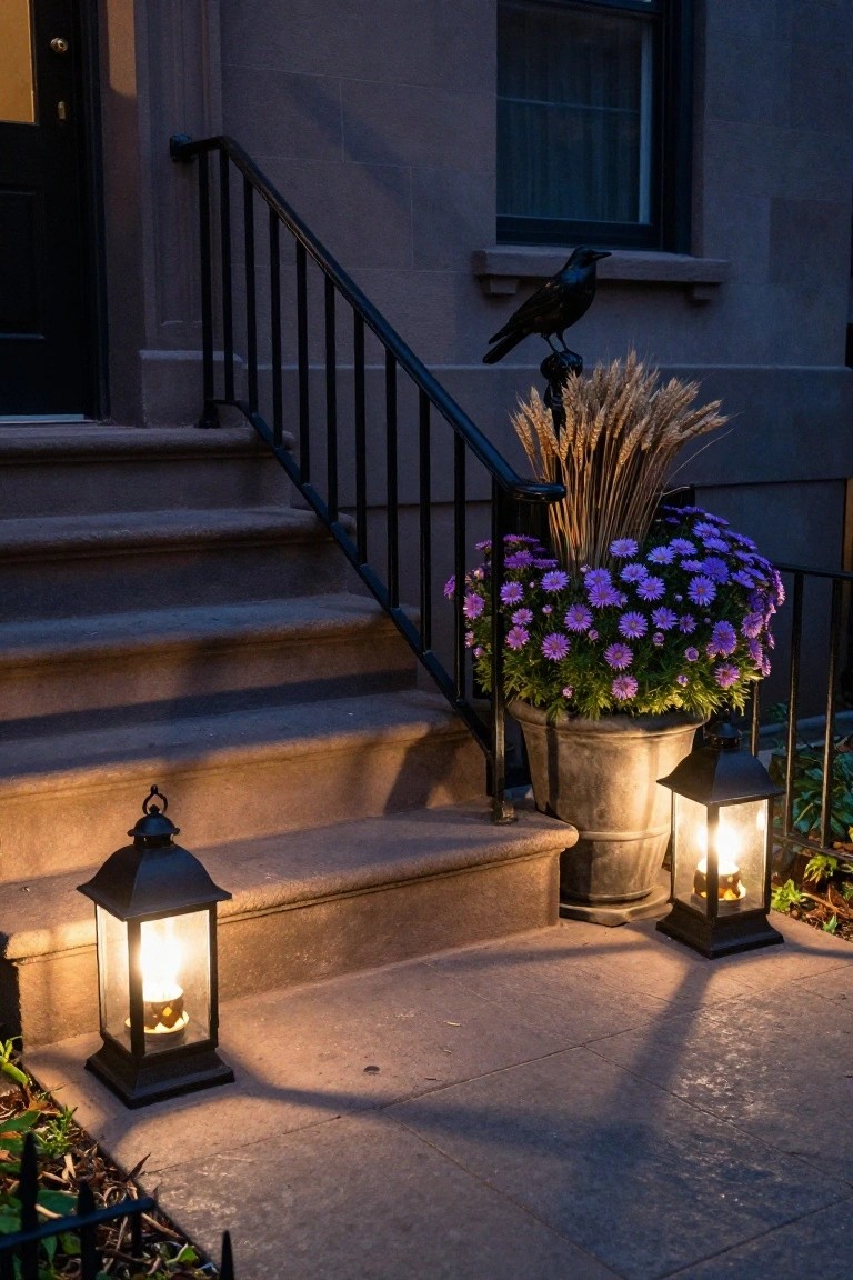 Boxwood hedge edged with string lights bordering a stone path, tall pampas grass with a wooden 
