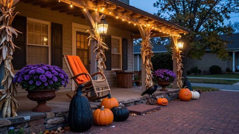 Weathered wooden porch at dusk with string lights hanging from the eaves, several carved jack-o-lantern pumpkins on steps and hay bales, potted plants, wheat stalks, a black bowl of gourds, and a lit metal lantern.