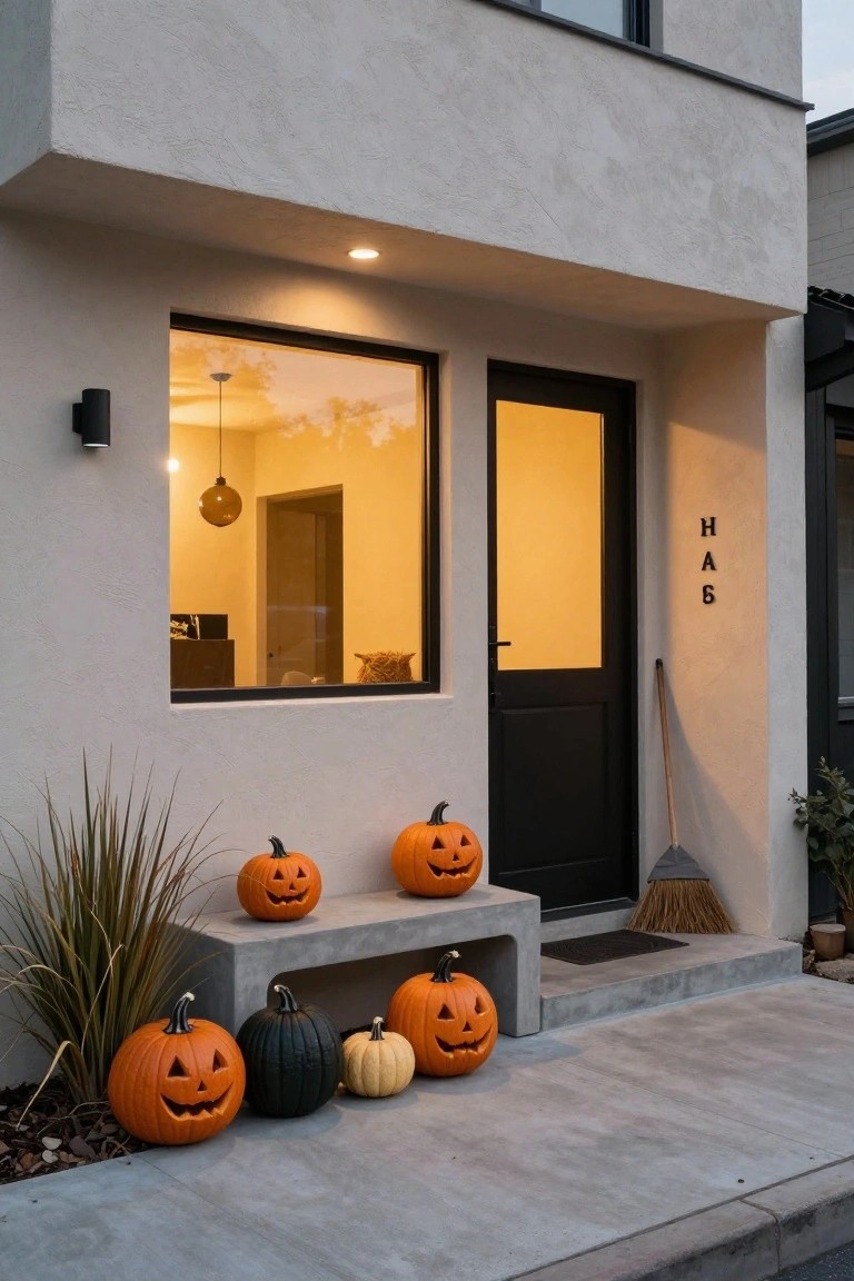 Modern outdoor patio at dusk with a round bronze fire pit burning in the center, several silver candle holders on a concrete bench against a white wall, towel hanging nearby, Japanese maple tree overhead, and gravel ground with pavers.