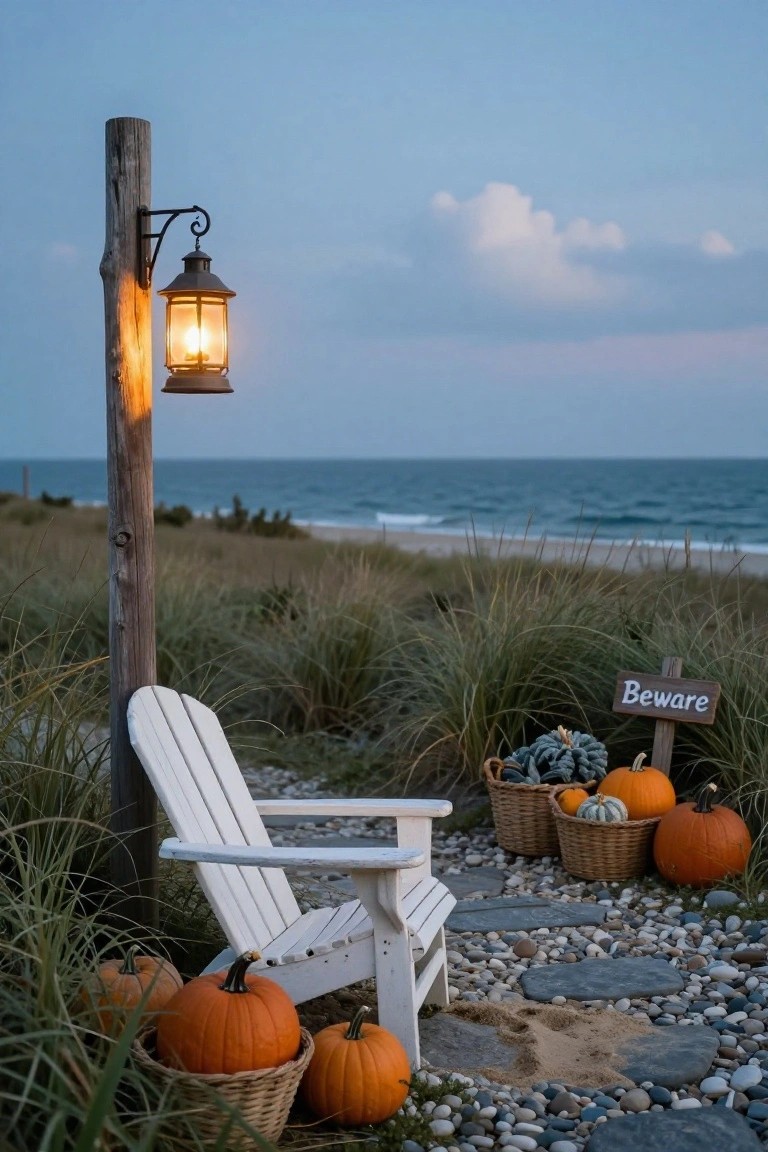 Halloween archway entrance framed with orange string lights and garlands of fall leaves over a concrete pathway, with a 