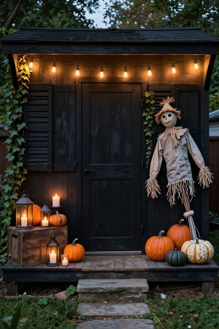 Tall white ghost figure with black eyes and mouth stands in green bushes wrapped with small yellow string lights at dusk, with small pumpkins, a stone marker reading 