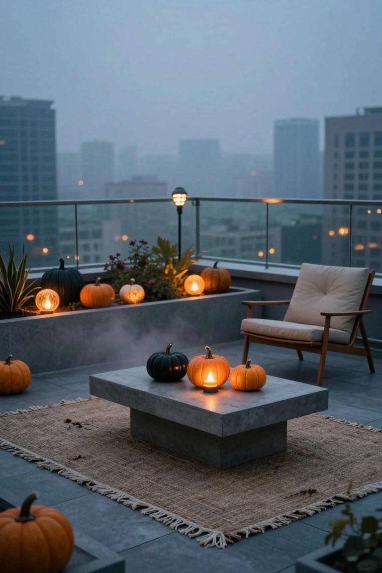 Gray stone steps with yellow LED underlighting leading down to a dark pool edged in pebbles, several carved jack-o-lantern pumpkins placed on the steps and nearby, potted silver-leaf plants, and a wooden pergola draped in black netting in a garden setting at dusk.