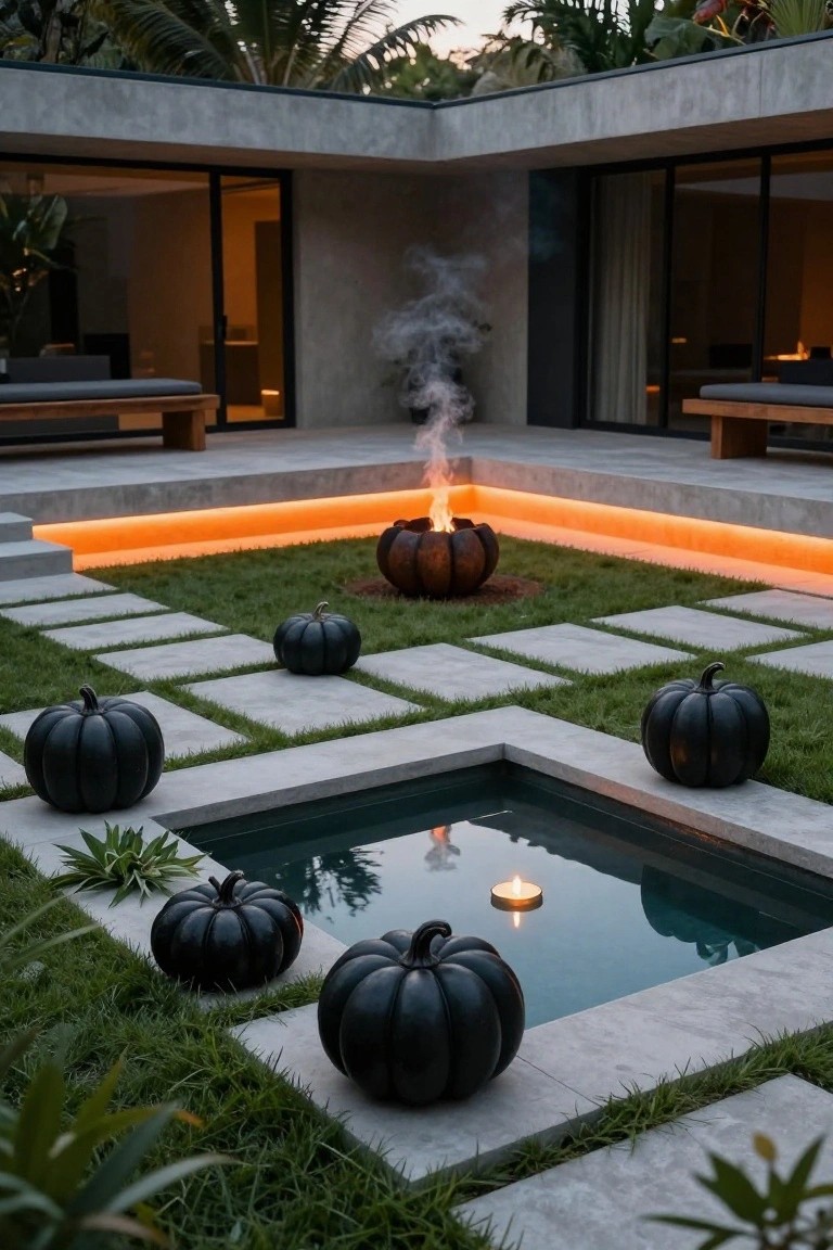 Night view of a garden path under a wooden archway covered in white spider webs, flanked by lavender plants and white pumpkins, with a plaid-blanketed bench, terracotta pots, lanterns, and gravel ground under a full moon.