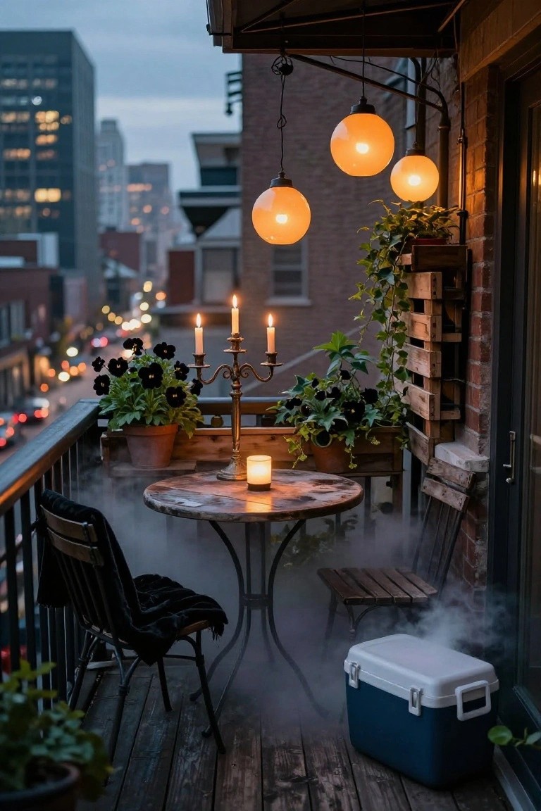Stone pathway at dusk lined with hanging mason jar lanterns containing candles, carved pumpkins, boxwood shrubs, a stone wall, gravel edging, and potted flowers leading toward a house entrance.
