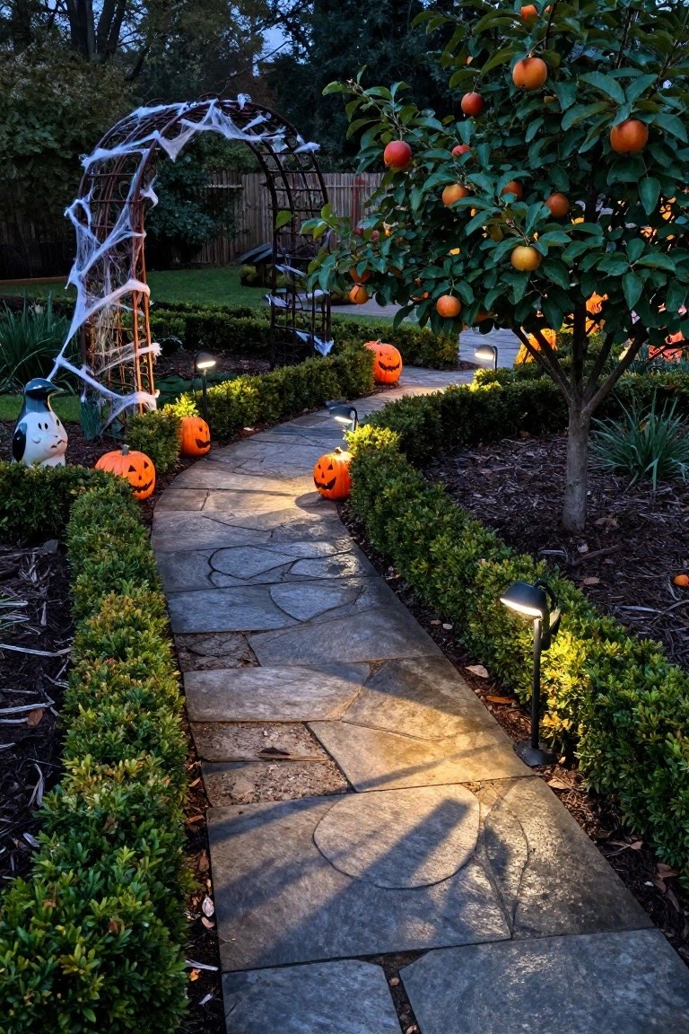 A large tree wrapped in white string lights with hanging paper lanterns shaped like bats, a circular wooden bench at the base holding plates and surrounded by jack-o-lanterns and hay bales on grass at dusk.