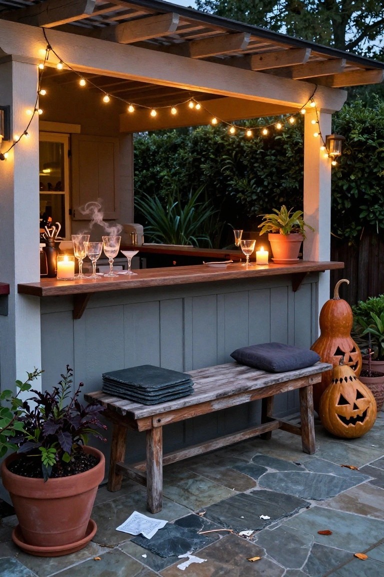 A covered porch at dusk with mason jar string lights hanging from the beams and posts, a wooden bench draped in a plaid blanket next to a carved pumpkin, a terracotta pot, a metal lantern with a candle on the deck, and scattered fall leaves.
