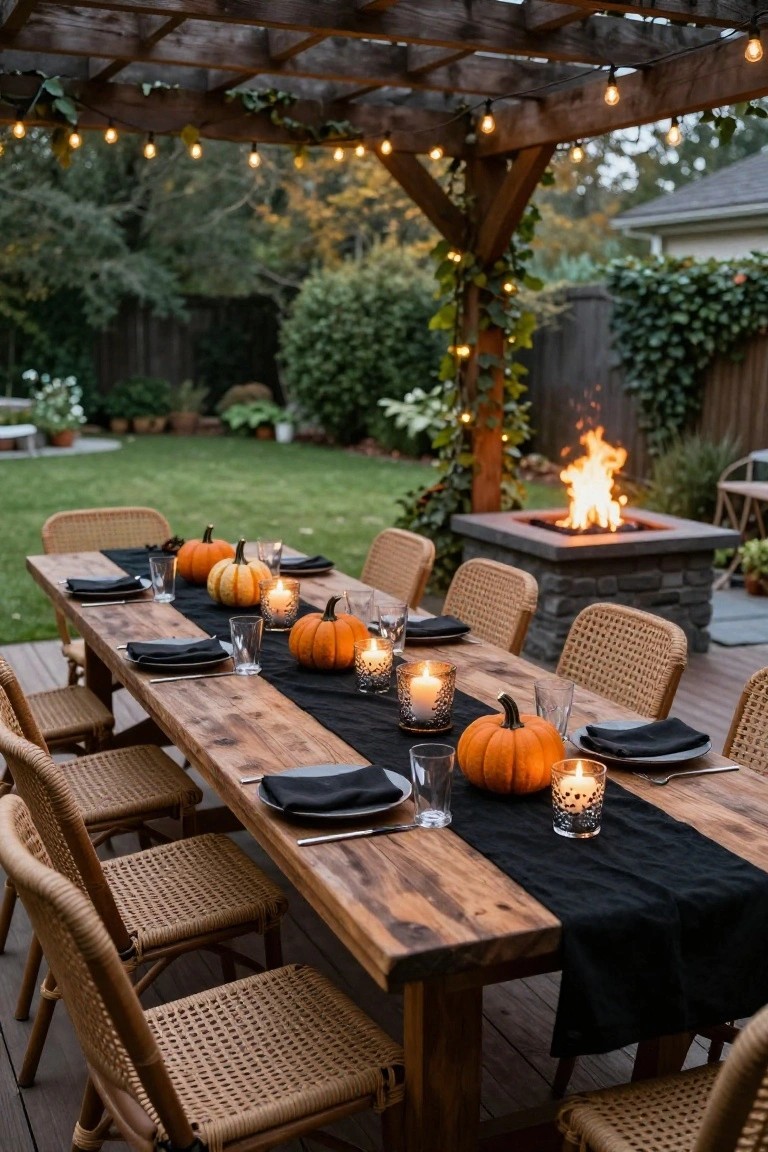 Wooden pergola draped with orange and black flowers and hanging string lights over a rattan dining table set with black plates, striped cushions on chairs, black lanterns, and ghost sheets in a garden at dusk.