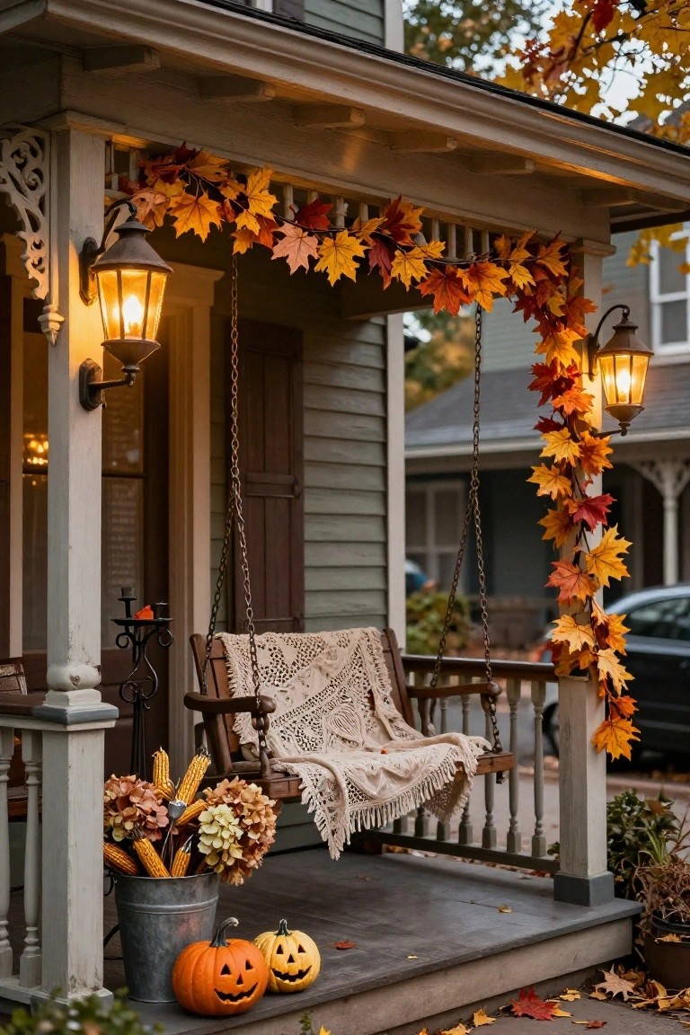 Front porch of a white house with columns, wooden door decorated with a ghost skull, flanked by black lanterns, ivy and string lights on columns, carved orange pumpkins on steps and wrought iron bench with small pumpkins and orange blanket, black bird decoration on siding.