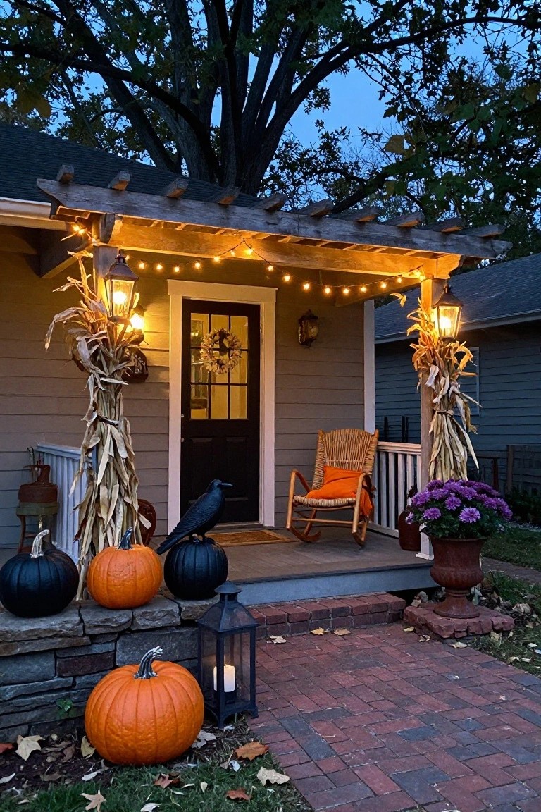 Weathered wooden porch at dusk with string lights hanging from the eaves, several carved jack-o-lantern pumpkins on steps and hay bales, potted plants, wheat stalks, a black bowl of gourds, and a lit metal lantern.
