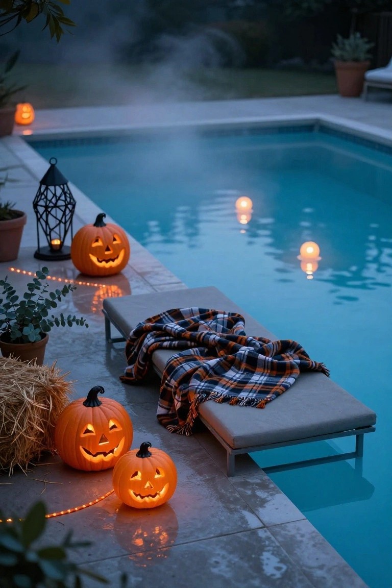 Backyard swimming pool at dusk with multiple floating candles in glass holders on the purple-lit water surface, mist rising from the pool, string lights and additional candles along the stone edge, lavender plants, ornamental grasses, a wood fence, stone wall, and a small metal table with chairs nearby.