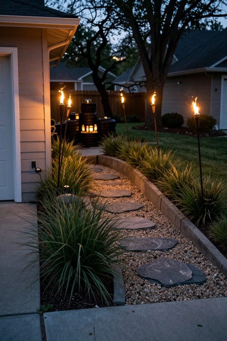 Nighttime view of a Halloween graveyard display in a grassy yard with multiple flat foam tombstones, pumpkins, mossy rocks, ornamental grasses, and a black picket fence enclosing the area.