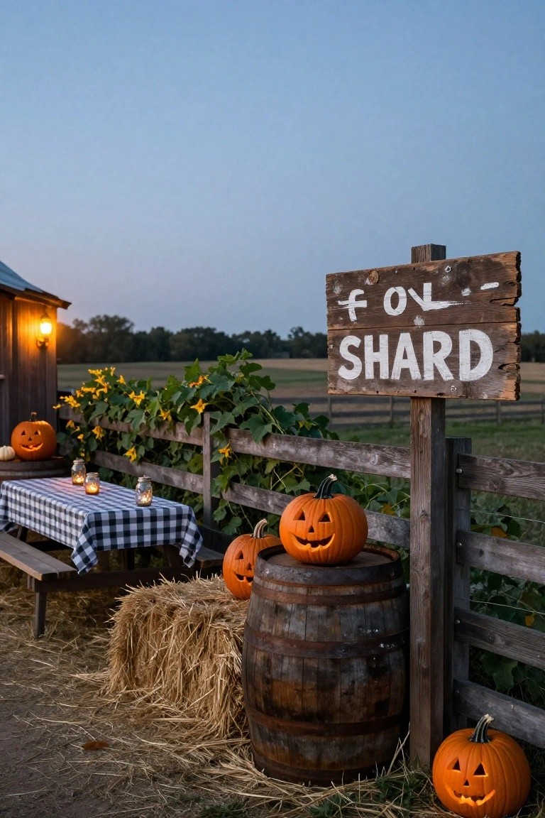 Gray porch with plaid-covered swing seat holding two carved jack-o-lanterns, additional pumpkins on steps and side table, eucalyptus plants in pots, metal bucket, and warm string lights hanging overhead.