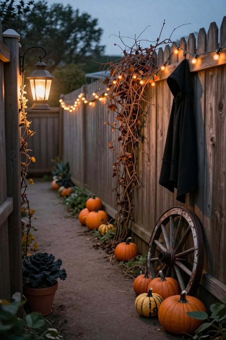 Wooden dining table on a covered outdoor patio set for Halloween with black plates, pumpkins, candles, dried flowers, hanging rattan lanterns, string lights, and surrounding greenery and fence.