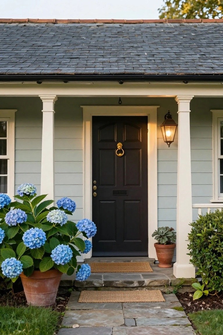 Pale green clapboard house exterior with white porch columns, black paneled front door with brass knocker and letter slot, hanging lantern light, large blue hydrangea bush in terracotta pot, potted plants, stone steps, and woven door mat.