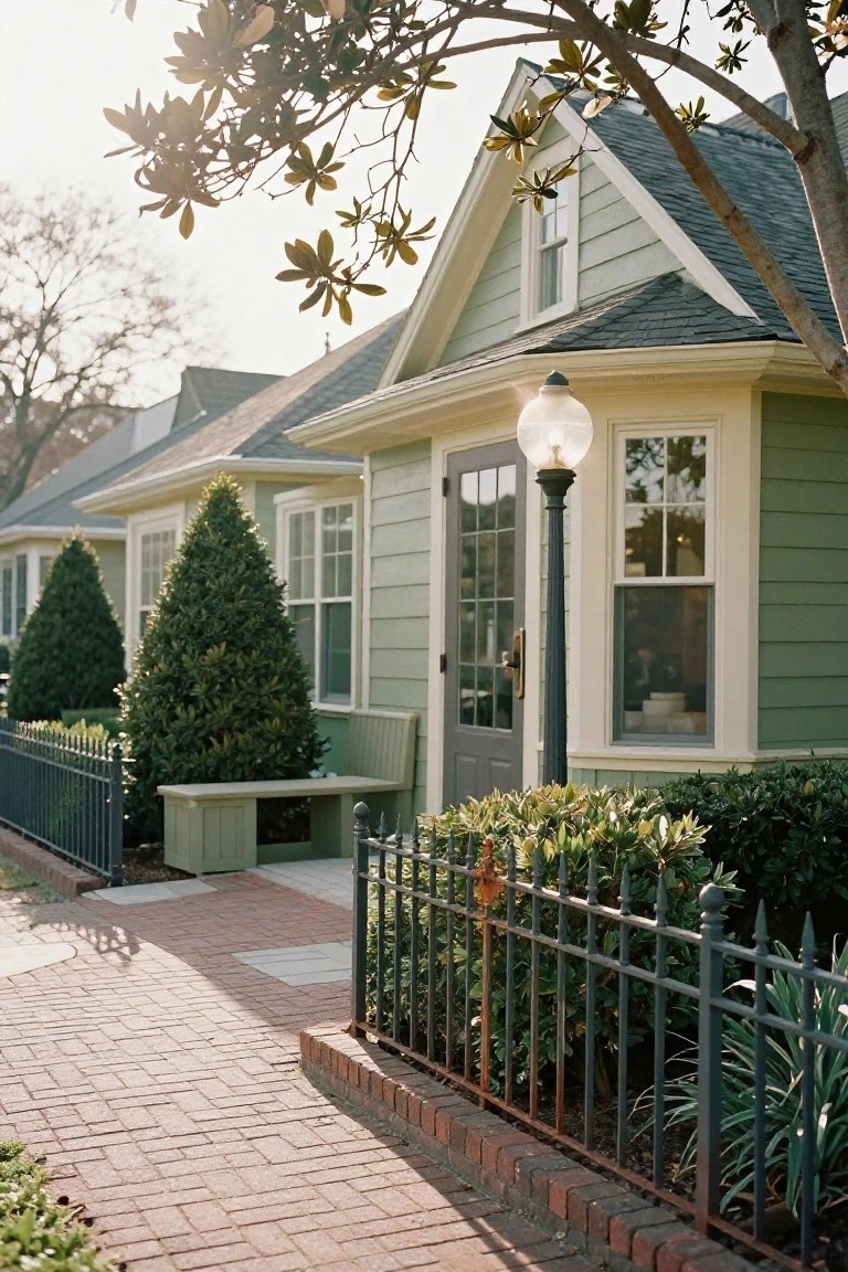 Pale green shingle-style cottage house exterior with cream trim, dark paneled double doors, globe-topped lamp post, wooden bench, black iron fence, brick walkway, evergreen shrubs, and live oak branches overhead.