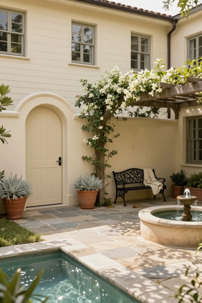 Cream stucco exterior wall with arched wooden door, wooden pergola covered in white flowering vines over a black wrought-iron bench with throw, potted silver-leaf plants, stone fountain, and small turquoise pool on slate tile patio.