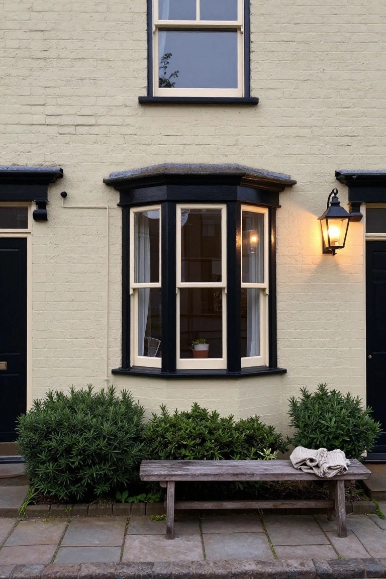 Cream brick house exterior featuring a black-framed bay window between two front doors, wall-mounted lantern, green boxwood shrubs, and wooden bench on stone path.
