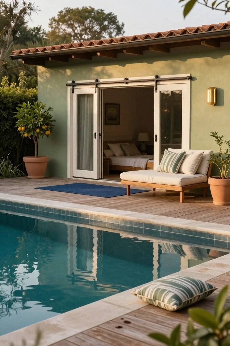 Green stucco house wall with open white sliding glass doors to a bedroom, wooden daybed lounge with cream cushions and green striped pillows on a deck beside a turquoise tiled pool, potted plants and lemon tree nearby.