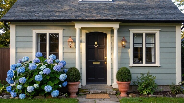 Pale green clapboard house exterior with white porch columns, black paneled front door with brass knocker and letter slot, hanging lantern light, large blue hydrangea bush in terracotta pot, potted plants, stone steps, and woven door mat.