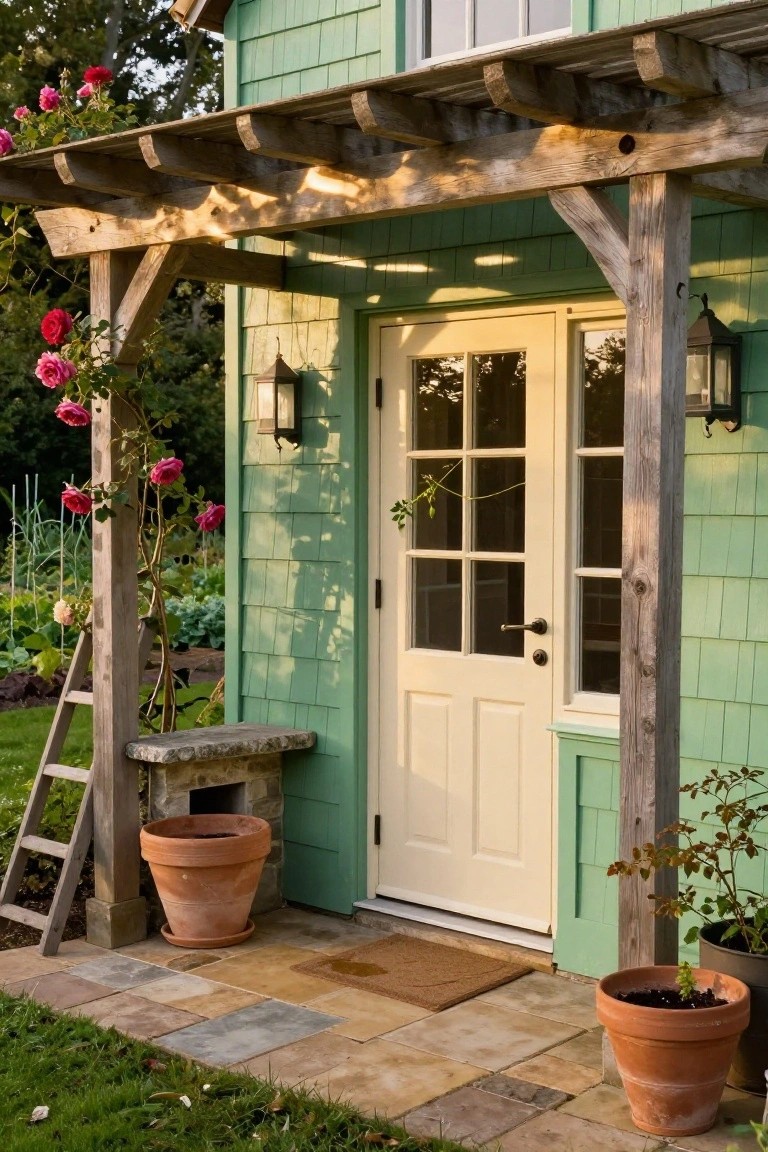 Mint-green shingled shed exterior featuring a cream-colored glass-paneled door under a wooden pergola supported by posts, with climbing pink roses on one post, lanterns on the walls, terracotta pots, and a garden bed nearby on a stone path.
