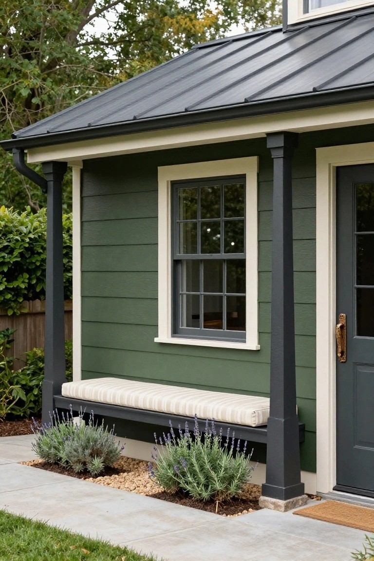 Green horizontal siding house exterior with cream trim around double-hung window and dark door, black metal roof and porch columns supporting overhang with built-in bench, lavender shrubs in gravel bed at base, concrete path and grass nearby.