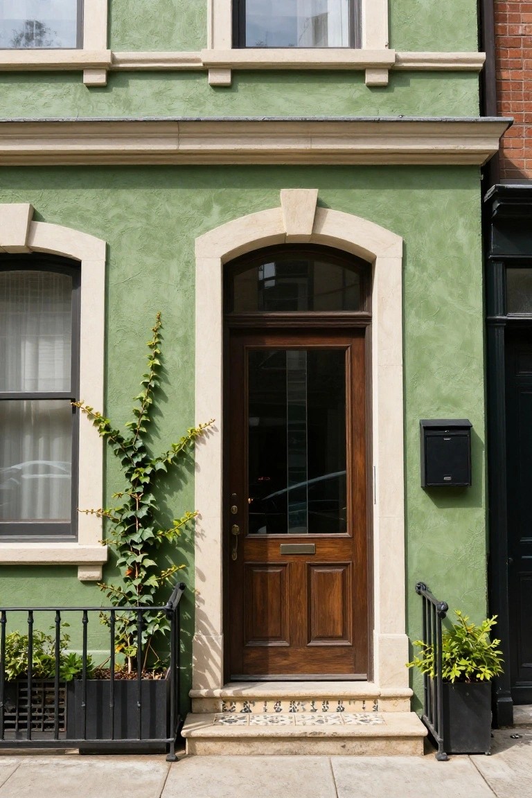 Pale green stucco townhouse facade with cream stone arches and trim, wooden paneled front door, climbing ivy vine, black metal railing with plants, and tiled entry step next to a darker neighboring house.