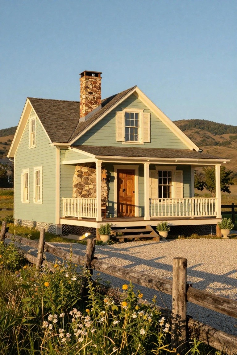A small light green clapboard cottage with white trim, gabled roof, stone chimney, covered front porch, wooden picket fence, and wildflowers in a rural setting with distant mountains.