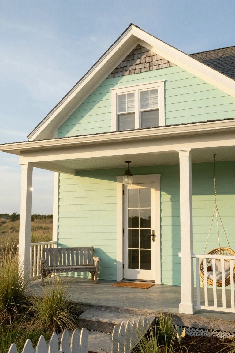 Pale green clapboard house with gabled shingle roof, white-trimmed windows and porch supported by columns, front door, wooden bench, hanging swing, doormat, steps, white picket fence, and surrounding sea grass under a partly cloudy sky.