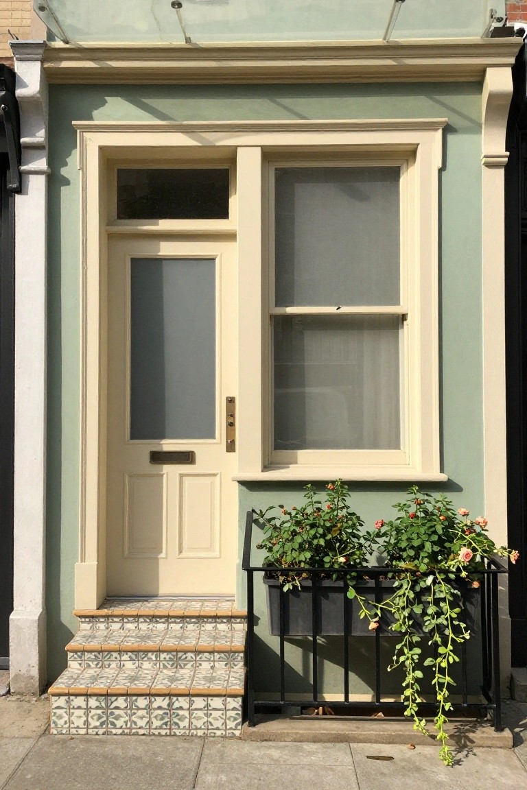 Pale green house facade with cream trim framing a front door with frosted glass panel and brass knocker, an adjacent sash window, black metal planter box with red flowers and trailing vines on the sill, and tiled steps leading to the entry on a sidewalk.