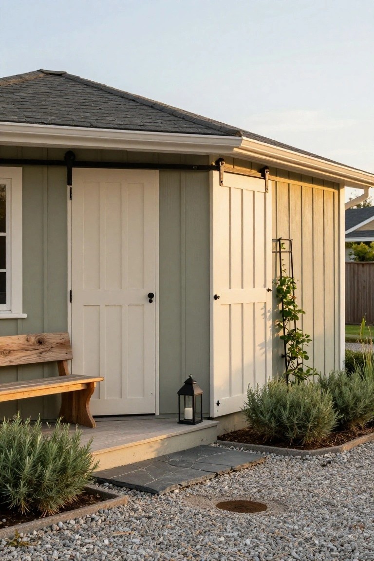 Sage green wooden shed with white paneled doors, wooden bench on a porch, lantern, climbing vine on trellis, lavender shrubs, and gravel ground cover.