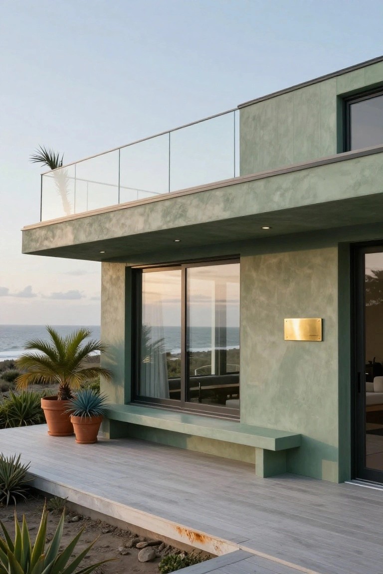 Pale green textured plaster house exterior with glass balcony railing above a wooden deck, large sliding glass doors overlooking the ocean, potted palms and agaves on the deck, and a built-in bench beside the entry door.