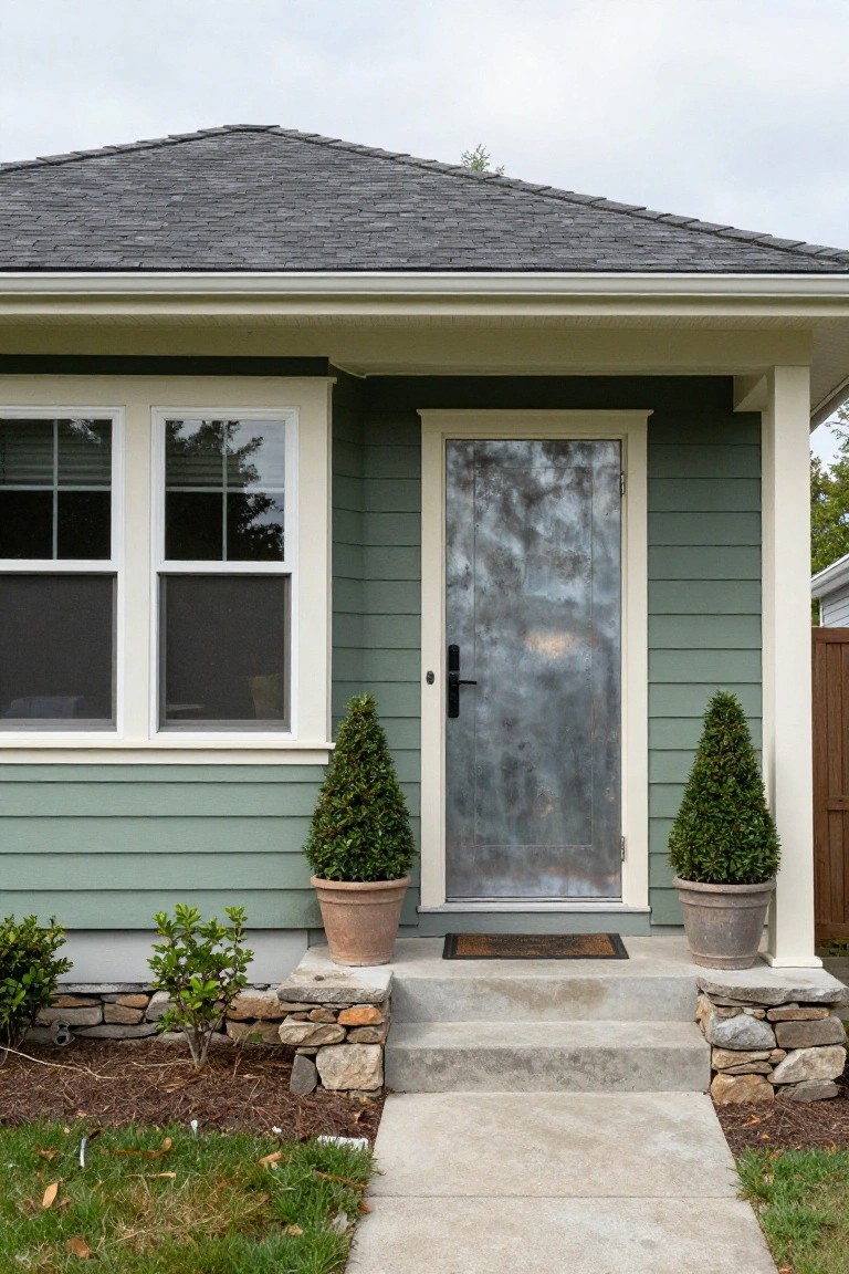 Front view of a sage green clapboard house with cream trim, a tall textured metal door, double-hung windows with blinds, potted topiary shrubs, concrete steps, and stone retaining walls.