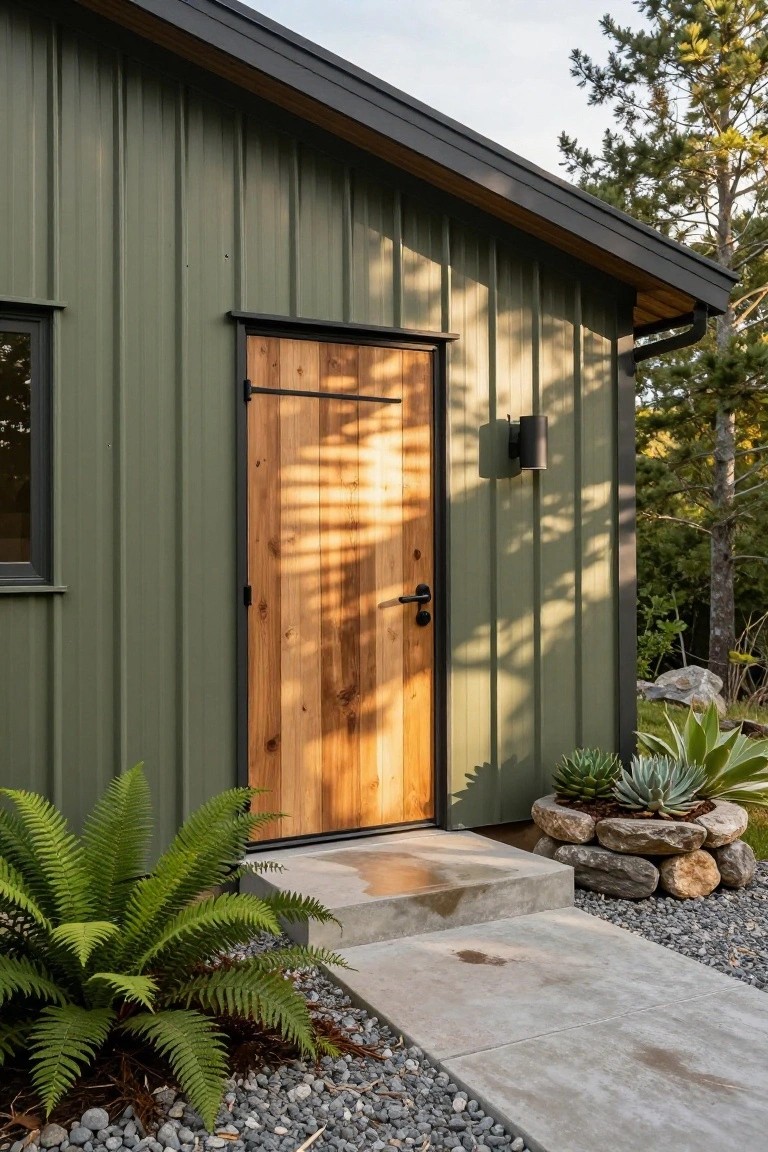 Green corrugated metal-sided small building with a tall wooden door in a black metal frame, black-framed window, concrete entry steps, ferns, succulents in rock planter, gravel path, and surrounding pine trees.